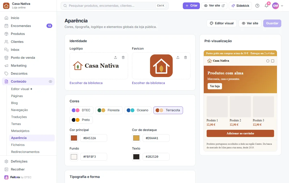 Conteúdo → Aparência: logótipo, cores e o botão Guardar