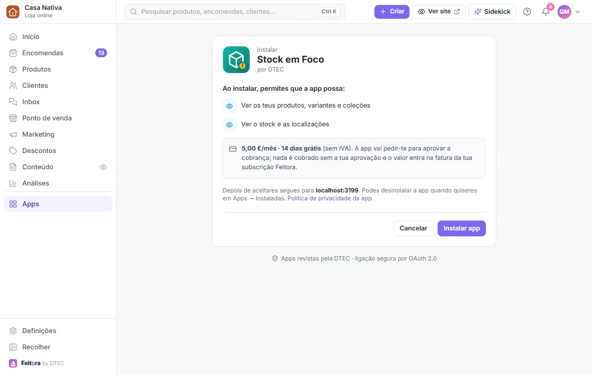 O ecrã de instalação explica as permissões em linguagem simples, antes de carregares em "Instalar app"