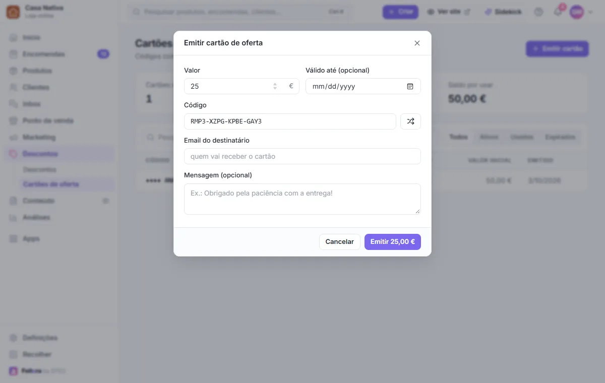 Emitir cartão de oferta: valor, validade, código gerado e destinatário