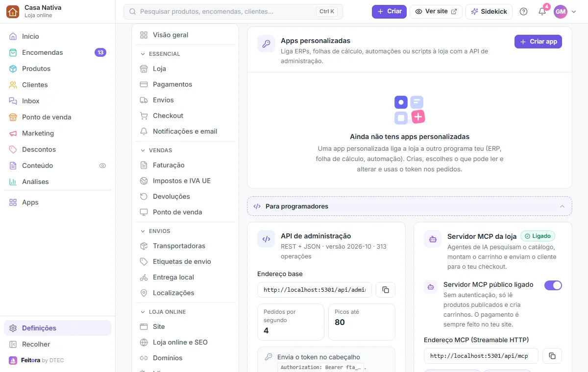 Definições → Apps e API: apps personalizadas e API de administração