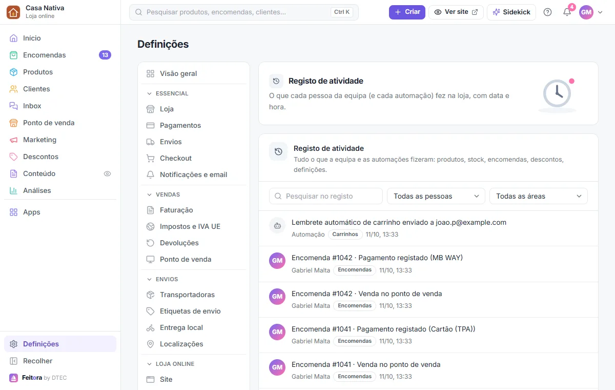 Definições → Registo de atividade: o que cada pessoa e cada automação fez na loja