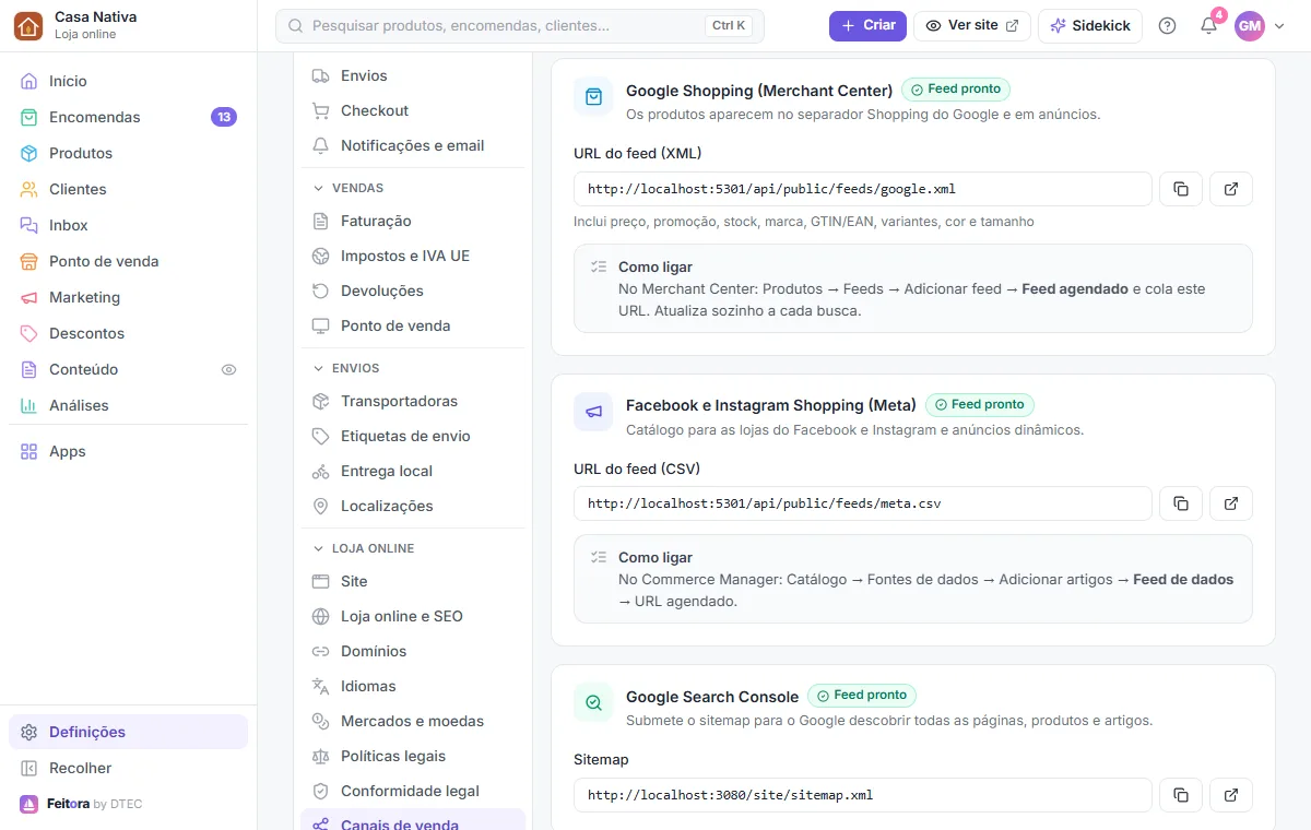 Definições → Canais de venda: feeds do Google e da Meta e o sitemap para a Search Console