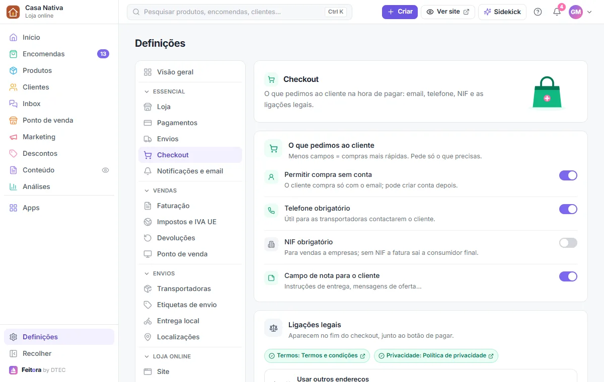 Definições → Checkout: tornar o NIF obrigatório