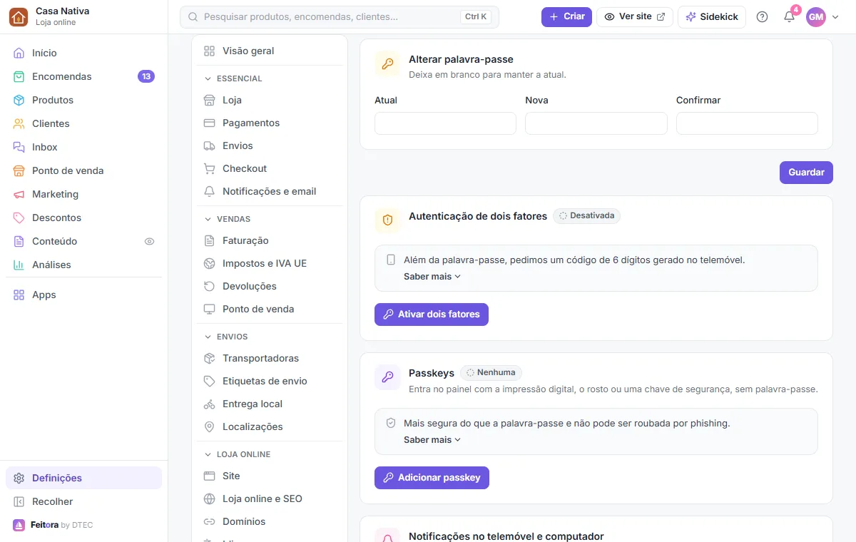 Definições → A minha conta: alterar a palavra-passe e ativar os dois fatores