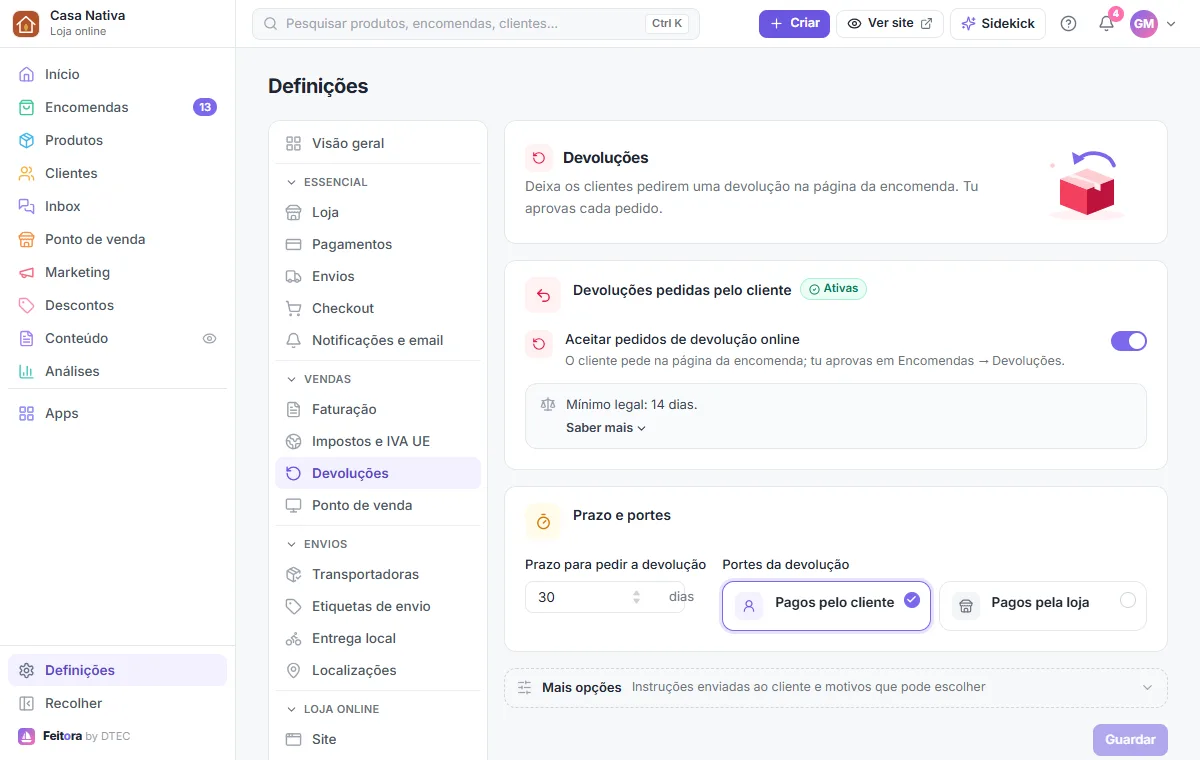 Definições → Devoluções