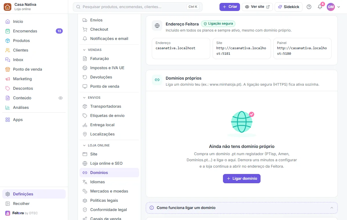 Definições → Domínios: o endereço Feitora e o botão para ligar um domínio