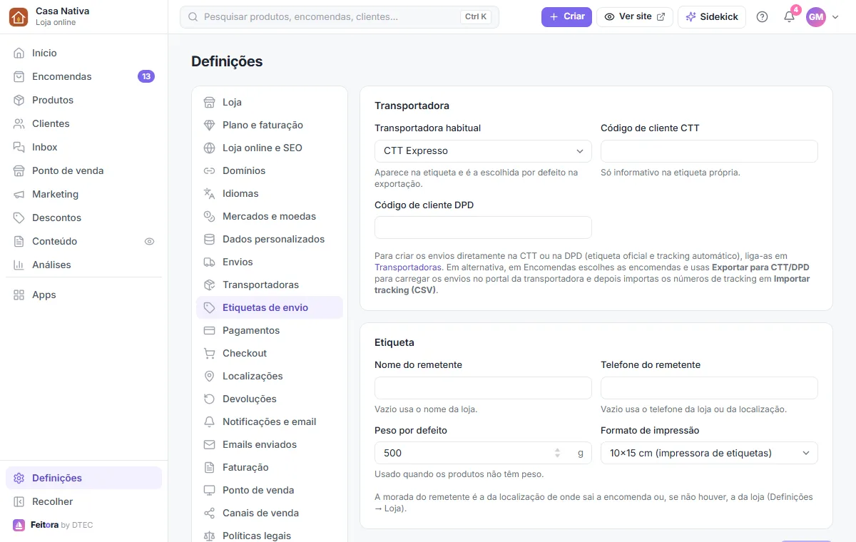 Definições → Etiquetas de envio