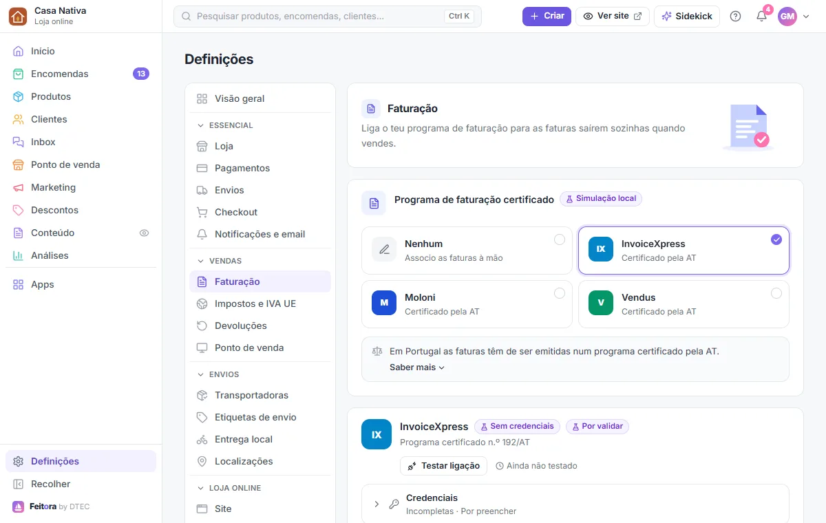 InvoiceXpress escolhido: nome da conta, chave API, "Testar ligação" e o modo de testes