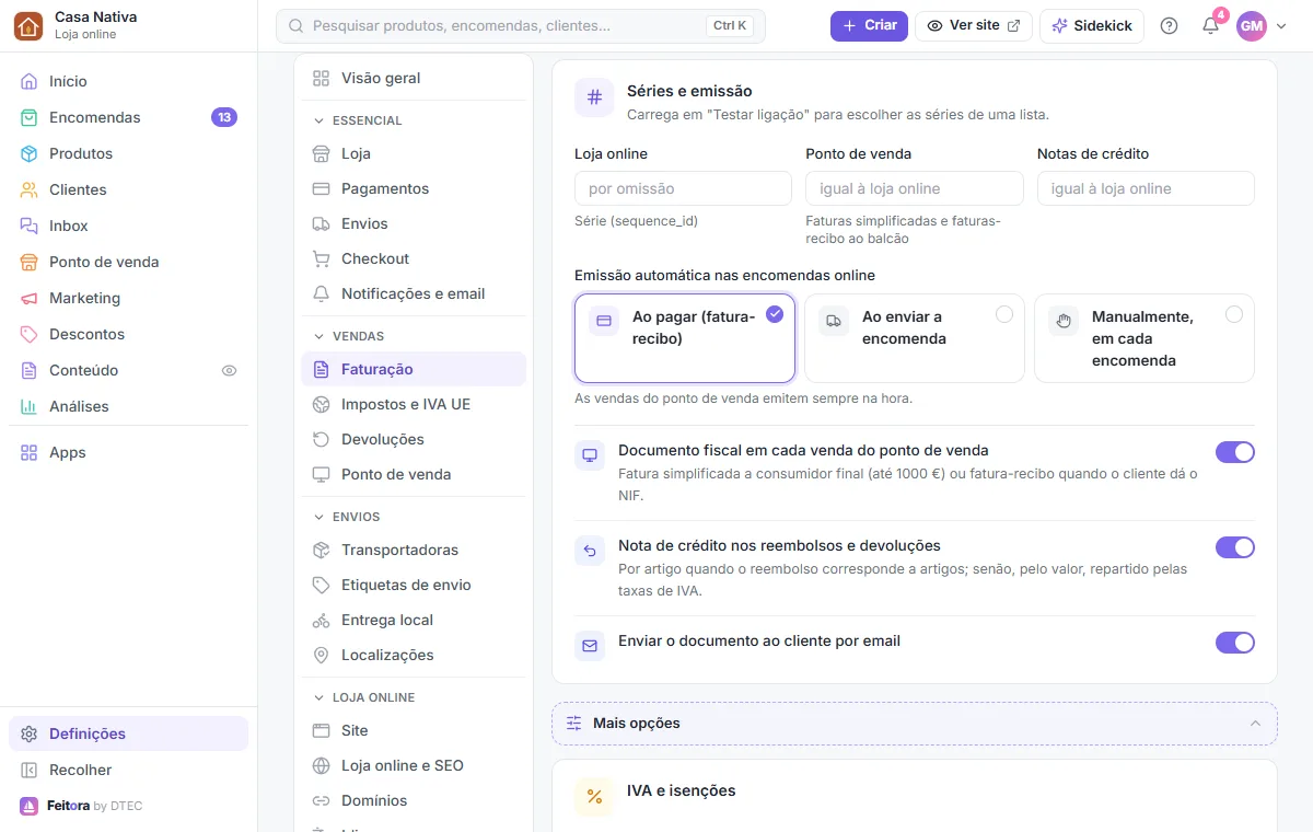 O cartão "Séries e emissão": séries, momento da emissão e as opções do ponto de venda, notas de crédito e email