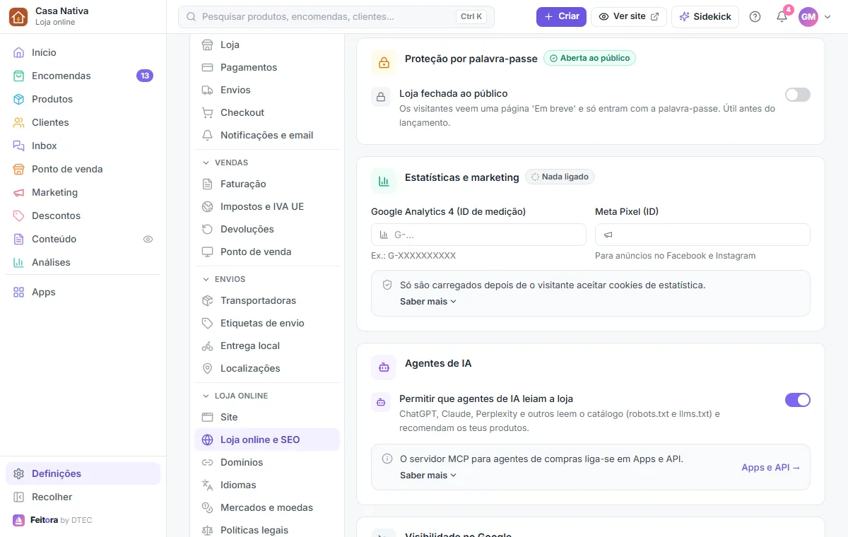 Definições → Loja online e SEO: permitir ou bloquear os agentes de IA