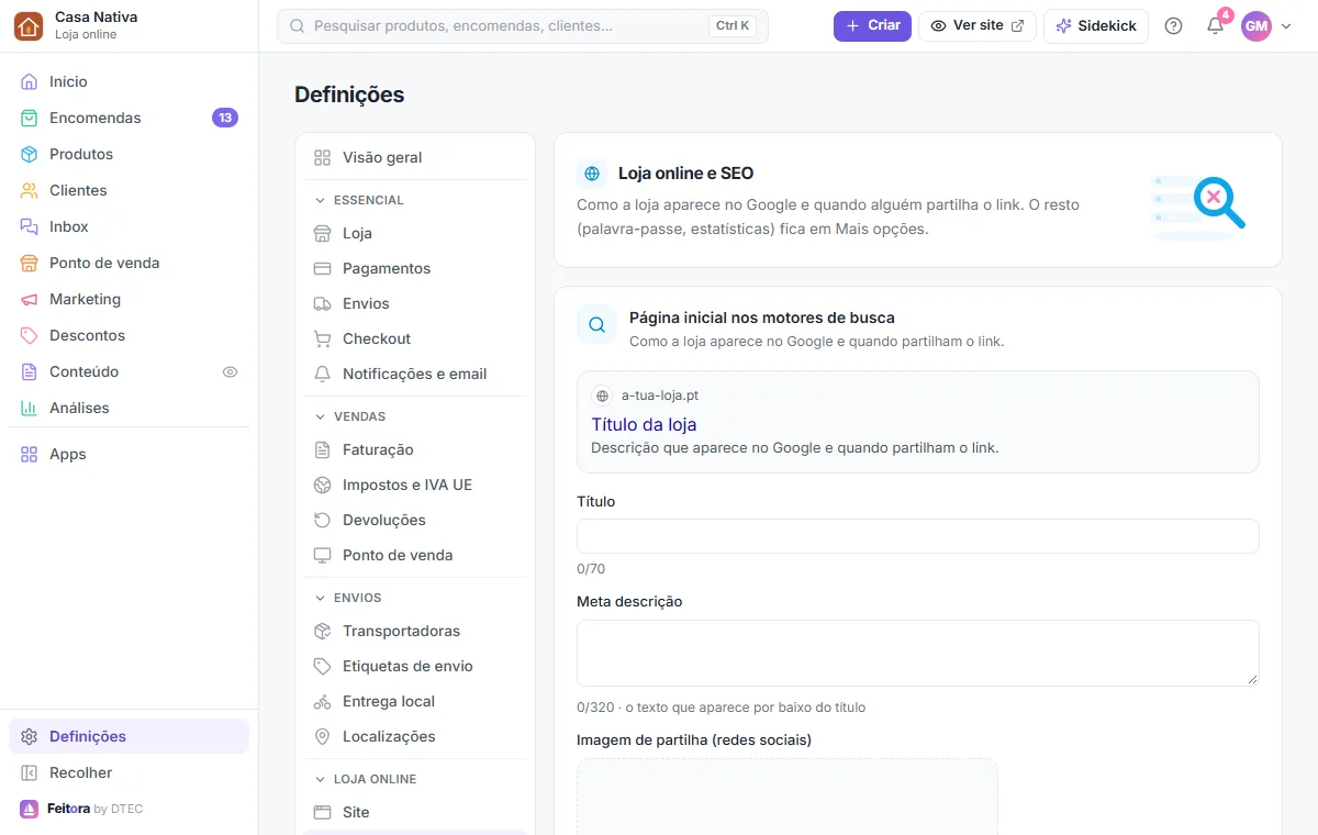 Definições → Loja online e SEO: título e descrição da página inicial