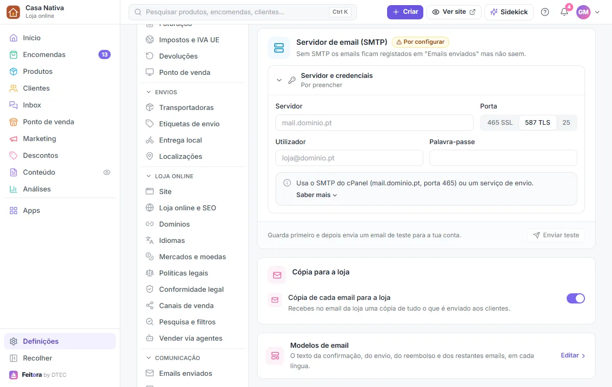 Servidor de email (SMTP) e o botão para enviar um teste