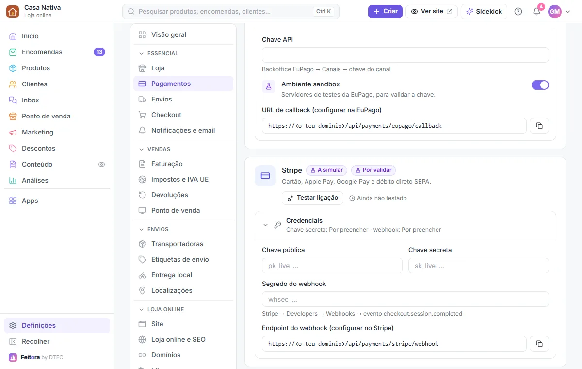 Cartão EuPago: chave API, ambiente sandbox e URL de callback a configurar na EuPago