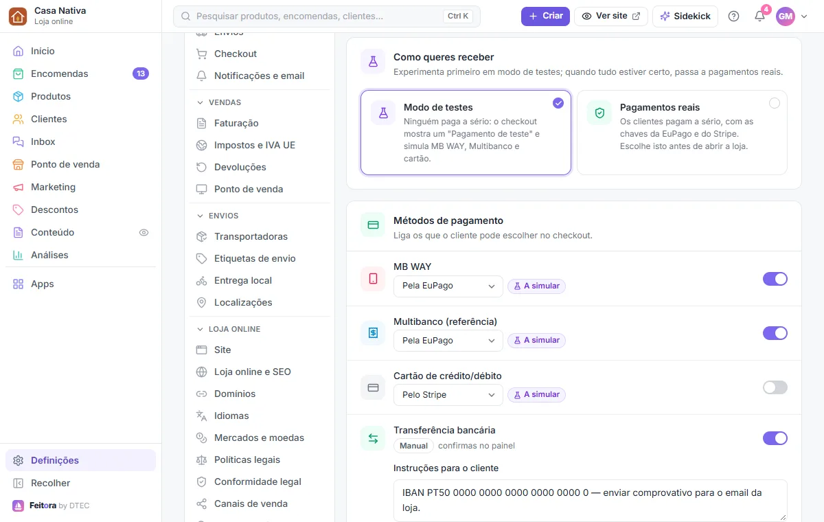 Definições → Pagamentos: o modo de testes e os métodos MB WAY e Multibanco