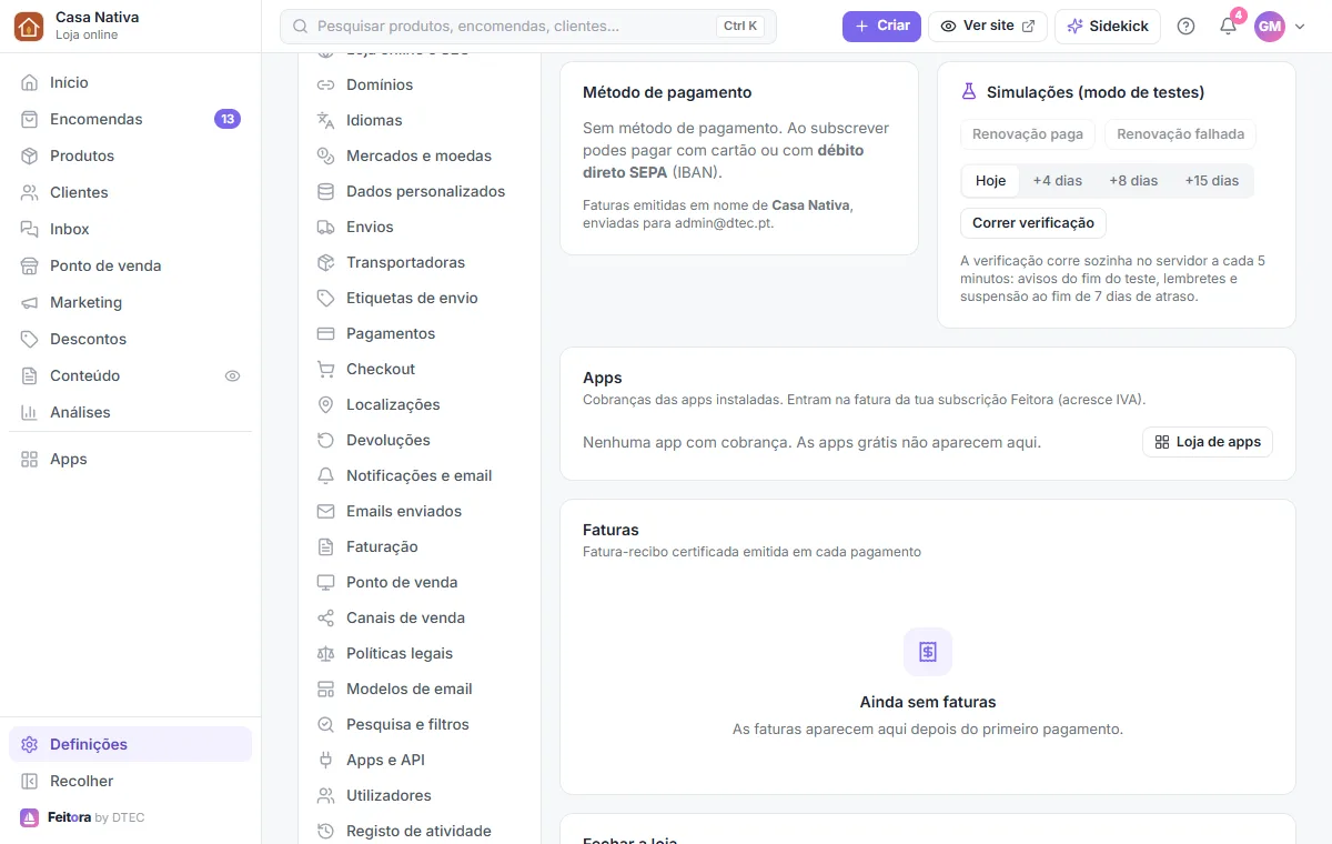 O método de pagamento e a lista de faturas da Feitora
