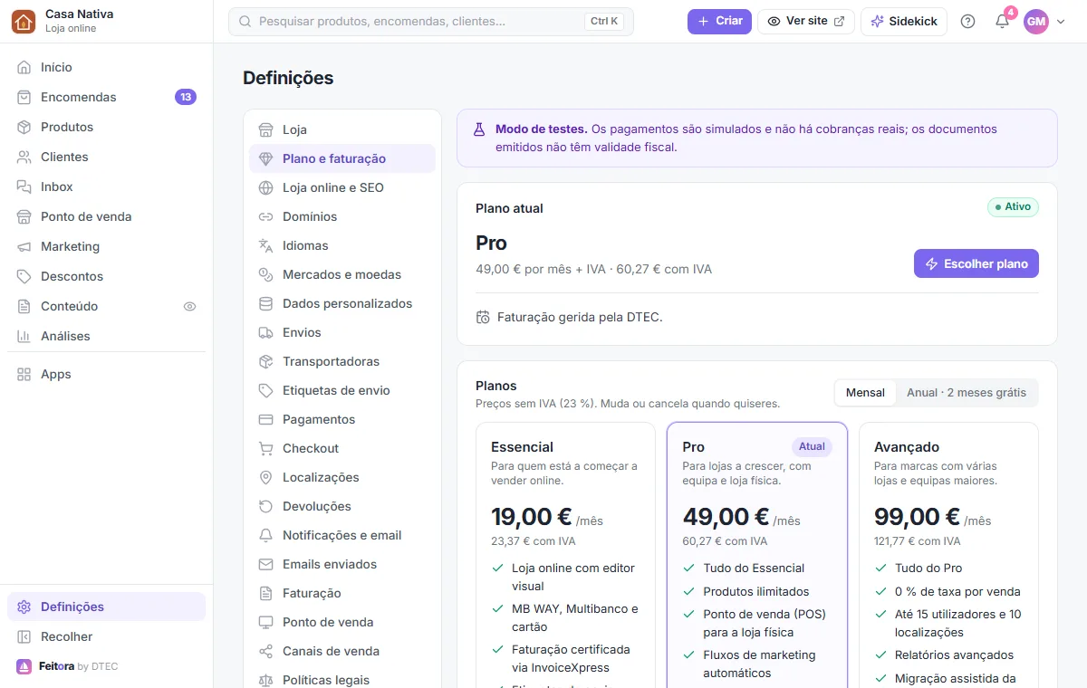 Definições → Plano e faturação: o plano atual e a escolha entre mensal e anual