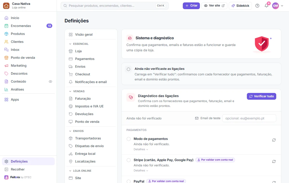 Definições → Sistema e diagnóstico: o botão "Verificar tudo" e a lista de verificações