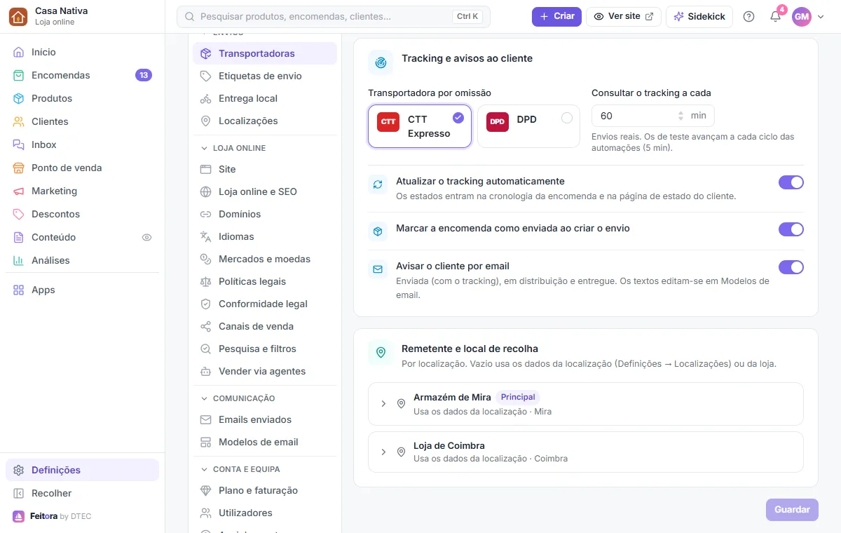 Tracking automático e remetente