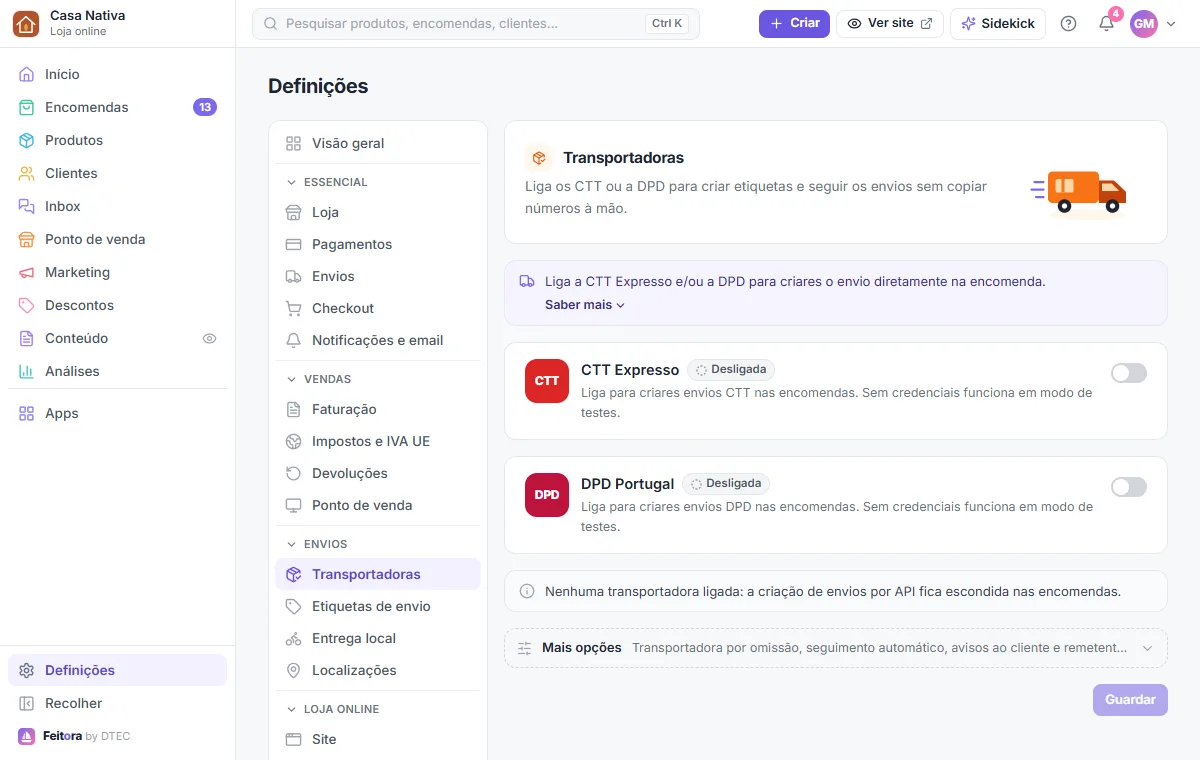 Definições → Transportadoras: CTT Expresso e DPD Portugal