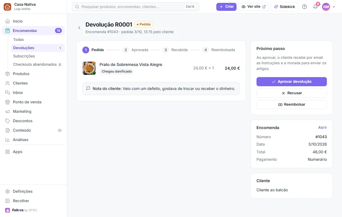 Um pedido de devolução: artigos, motivo, nota do cliente e o próximo passo