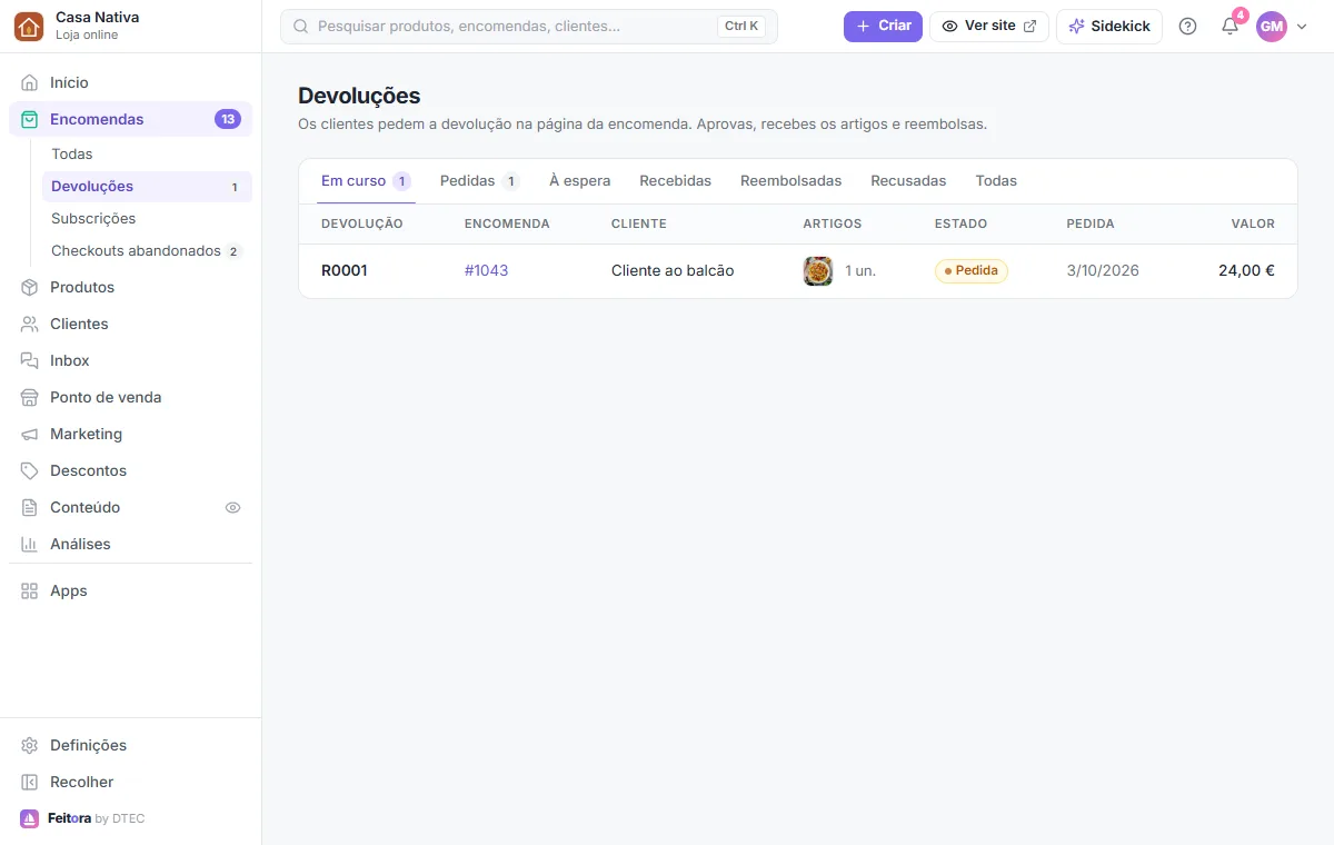 Encomendas → Devoluções, por estado