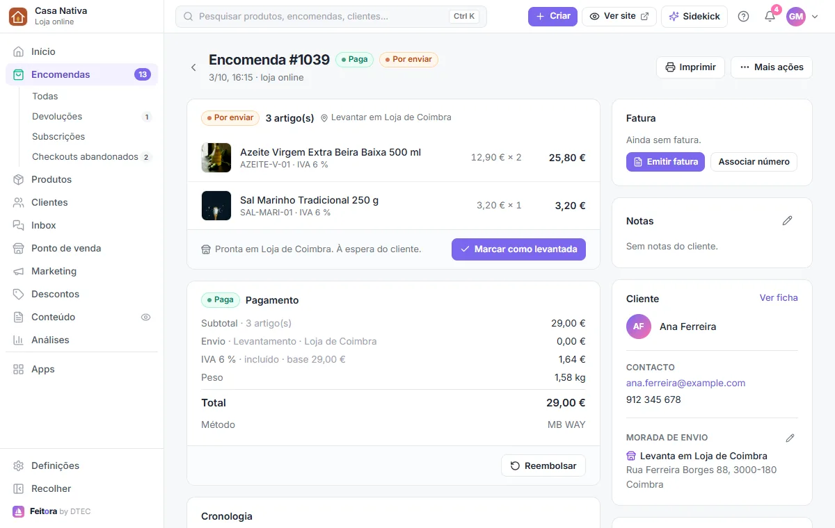 O detalhe de uma encomenda paga e por enviar: artigos, estado e, mais abaixo, o cartão do pagamento