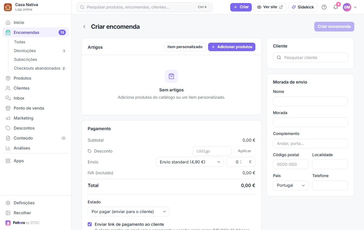 Criar uma encomenda à mão: artigos, pagamento e o botão para criar