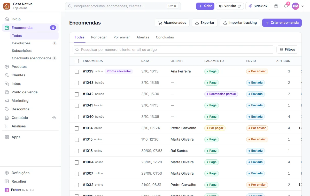 O botão Importar tracking na lista de encomendas