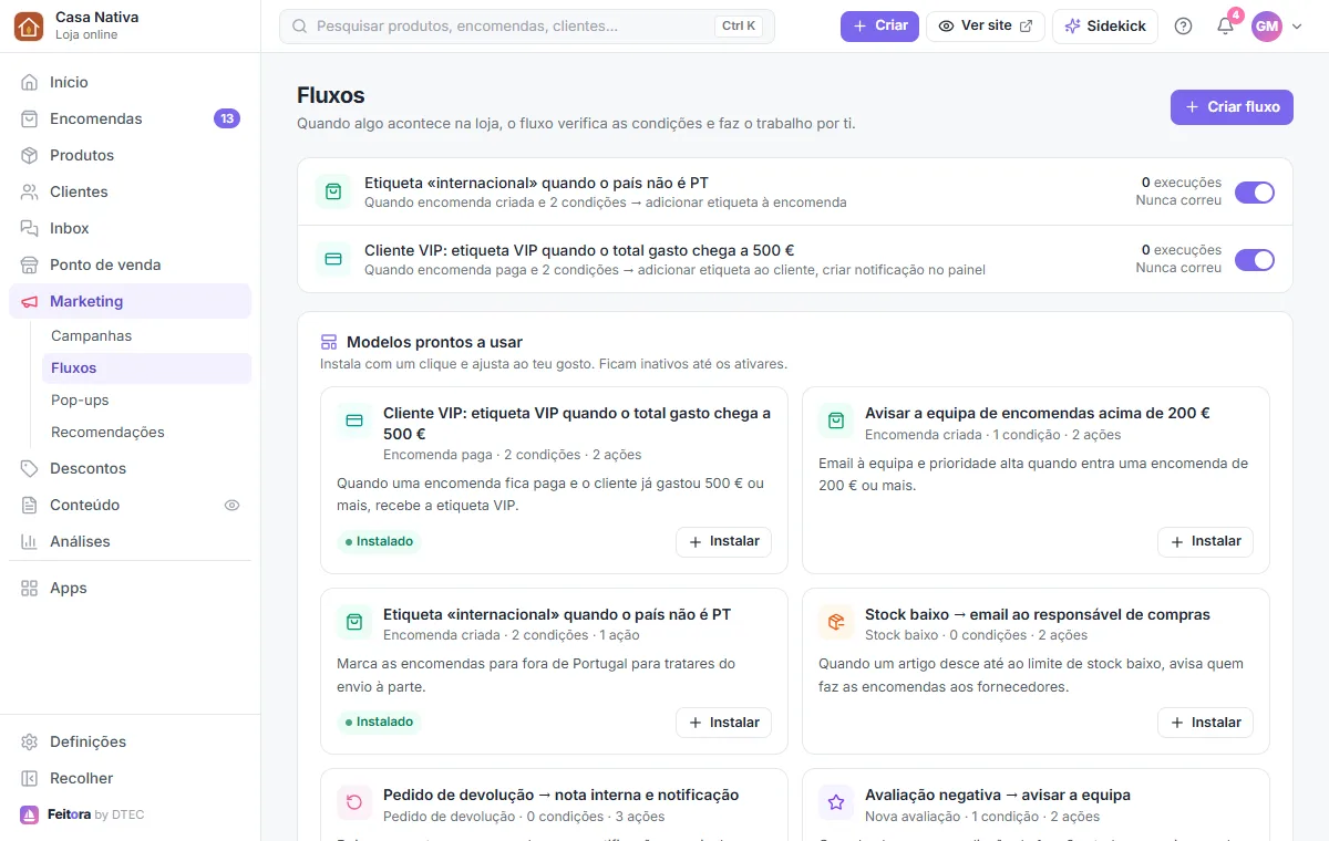 Marketing → Fluxos: modelos prontos a instalar