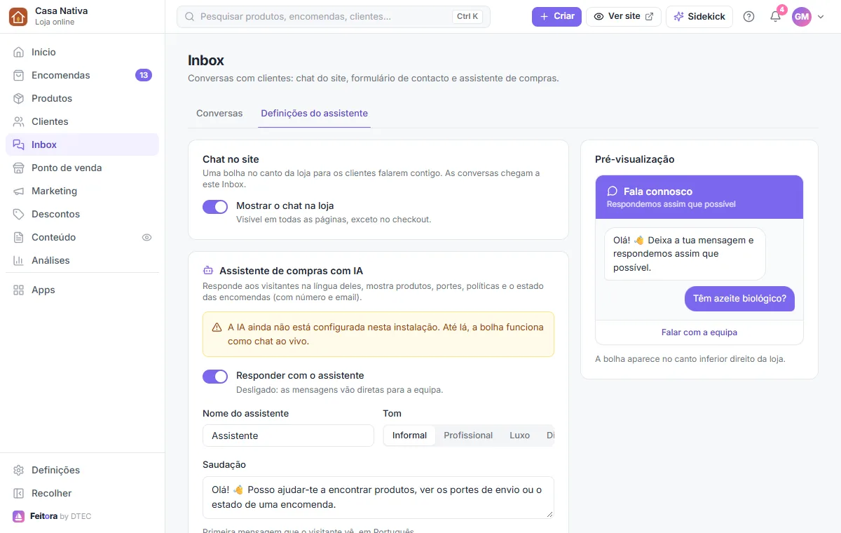 Inbox → Definições do assistente: o chat no site, o assistente de compras e a pré-visualização da bolha