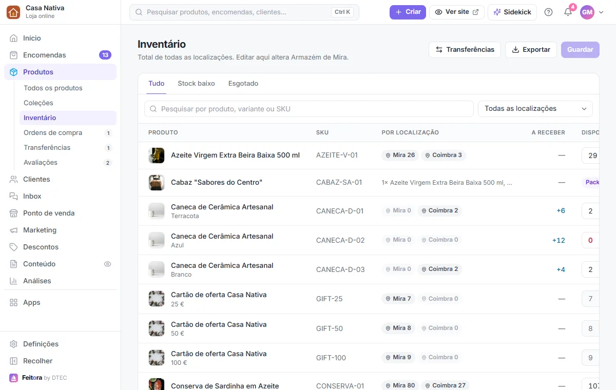 Produtos → Inventário: filtros, stock por localização e quantidade disponível