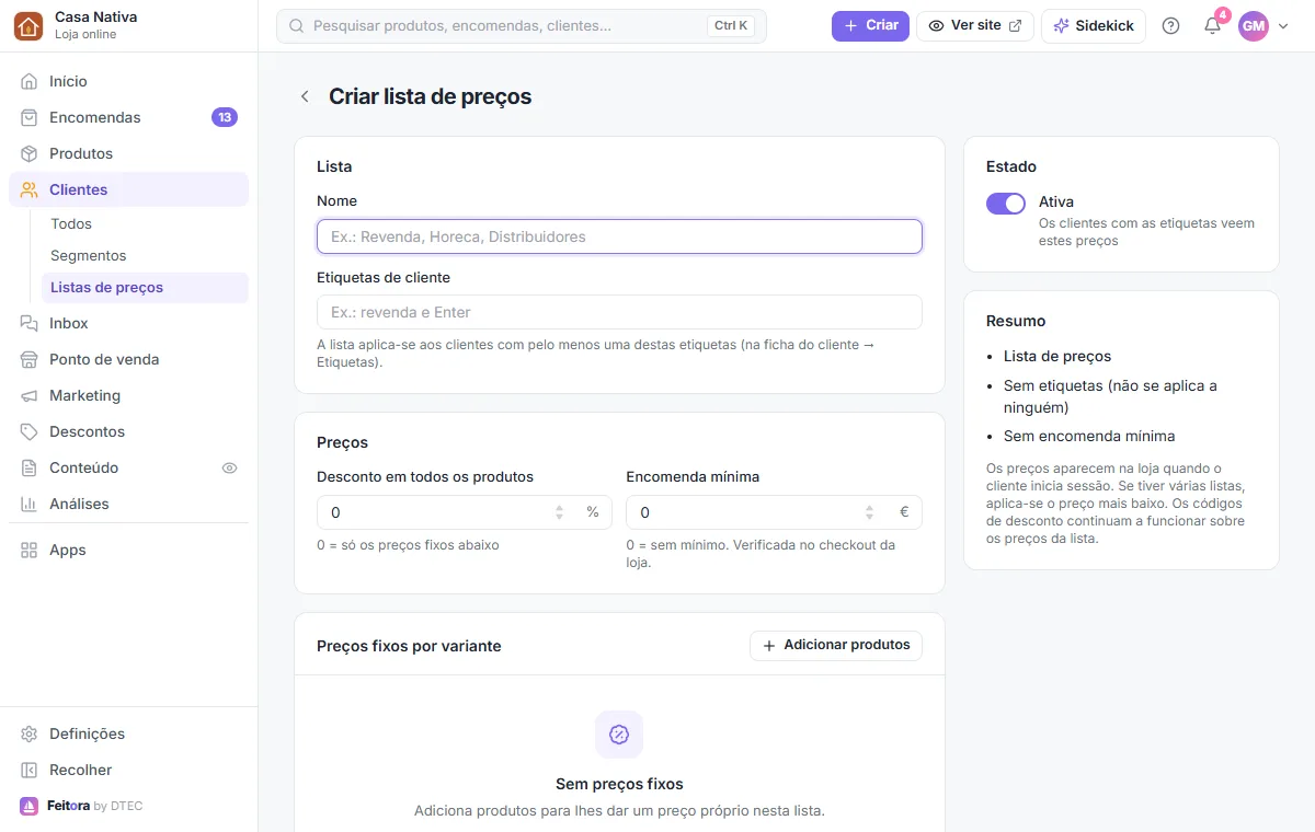 Criar lista de preços: nome e etiquetas de cliente, desconto e encomenda mínima