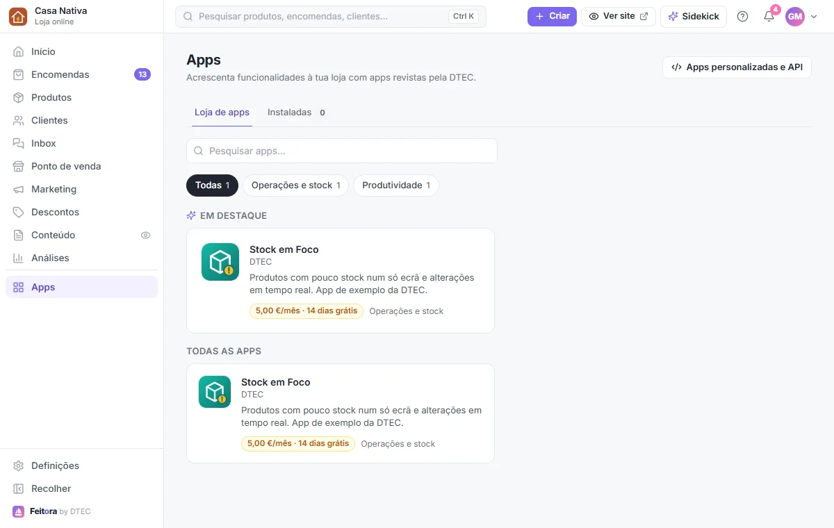 Apps → Loja de apps, com os separadores e as apps em destaque