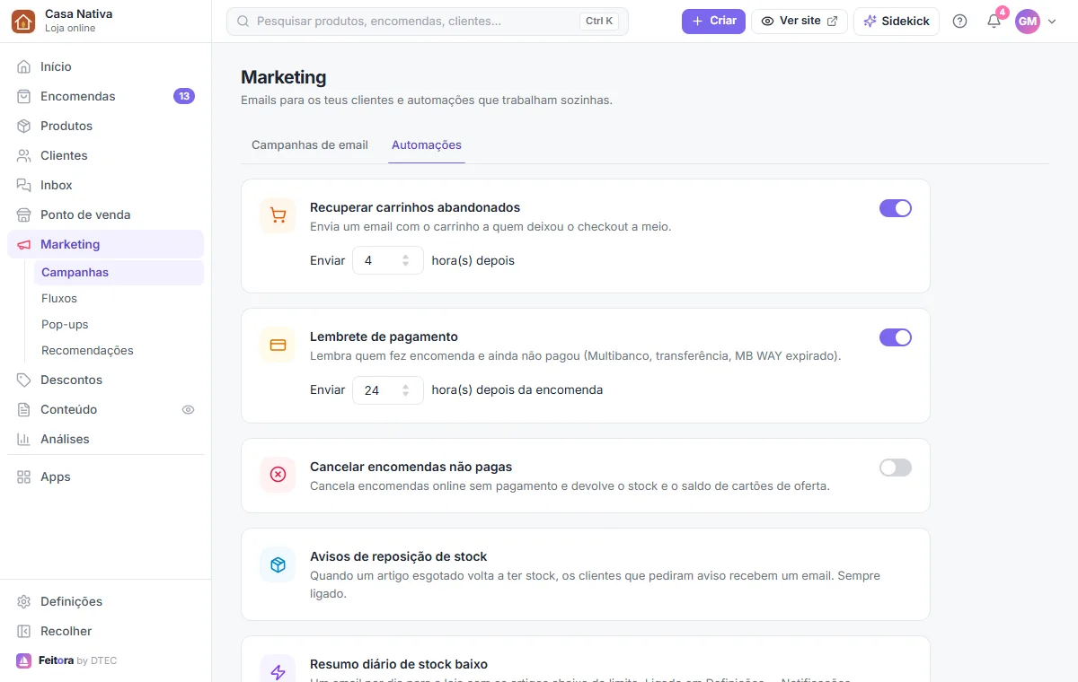 Marketing → Automações: carrinhos abandonados, lembrete de pagamento e cancelamento de encomendas não pagas