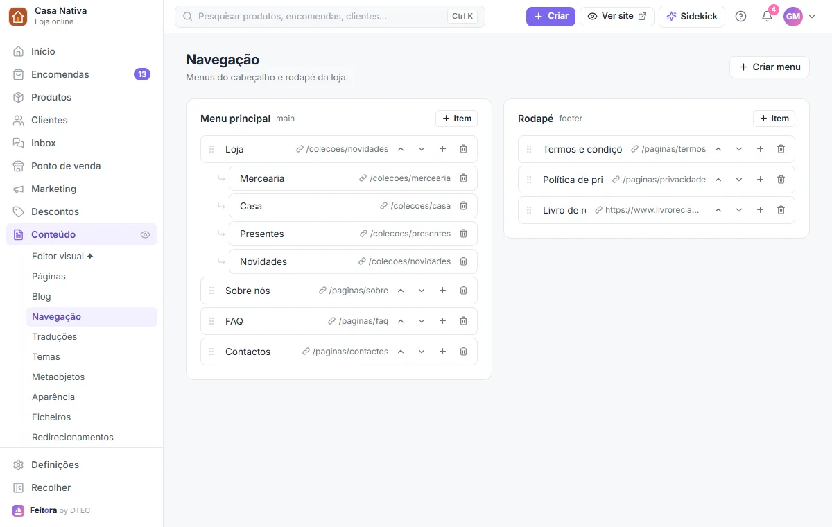 Conteúdo → Navegação: o menu principal com subitens, o rodapé e o botão Criar menu