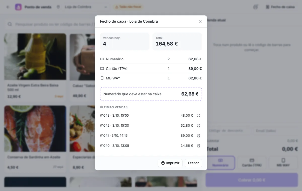 O fecho de caixa de uma loja: vendas por método, numerário na caixa e últimas vendas