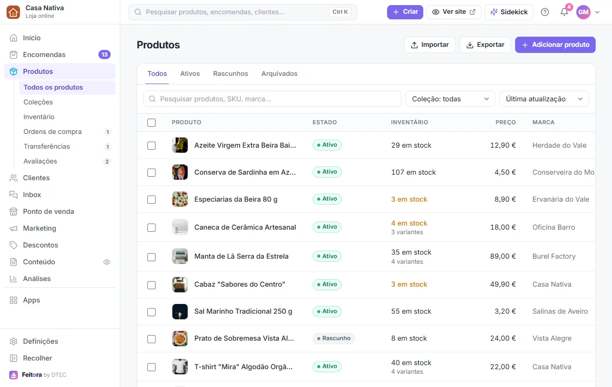 A lista de produtos, com Importar, Exportar e os separadores por estado