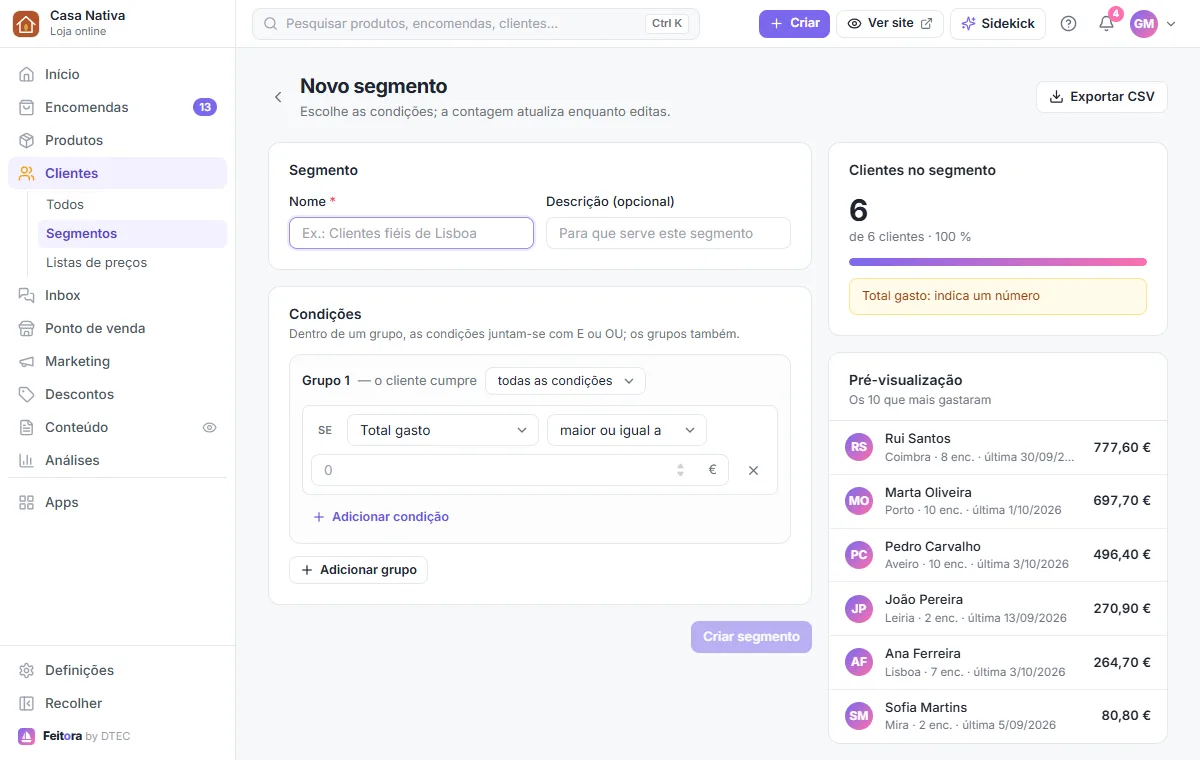 Novo segmento: as condições e a contagem ao vivo