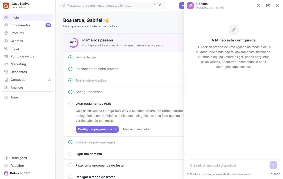 O painel do Sidekick numa instalação em que a IA ainda não foi ligada