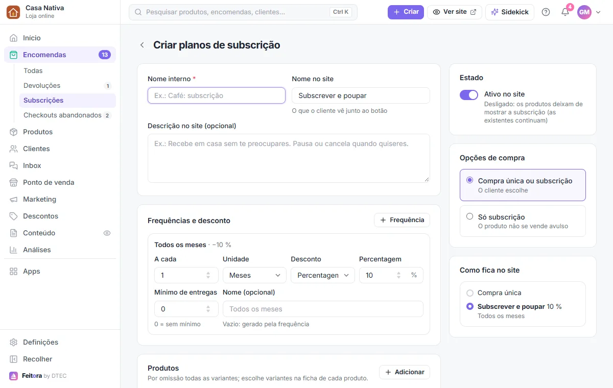 Criar planos de subscrição: frequências, desconto, produtos e opções de compra