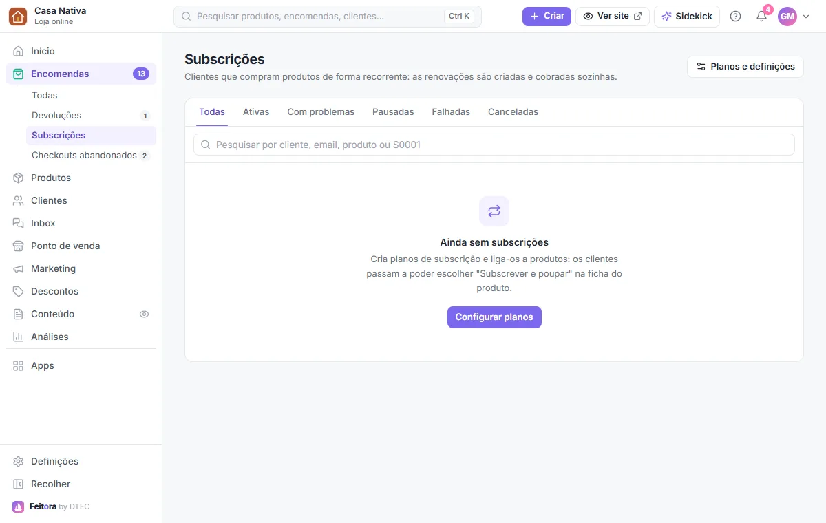Encomendas → Subscrições, com os separadores por estado