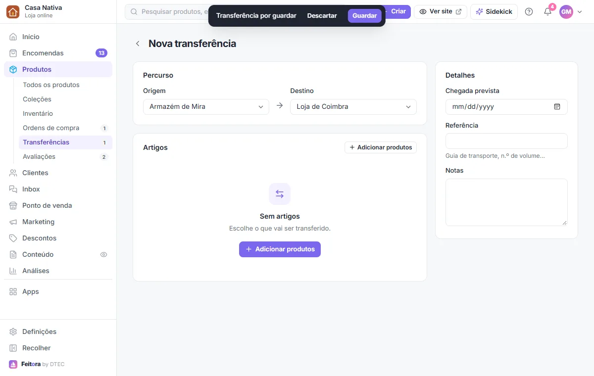 Nova transferência: percurso (origem e destino) e artigos