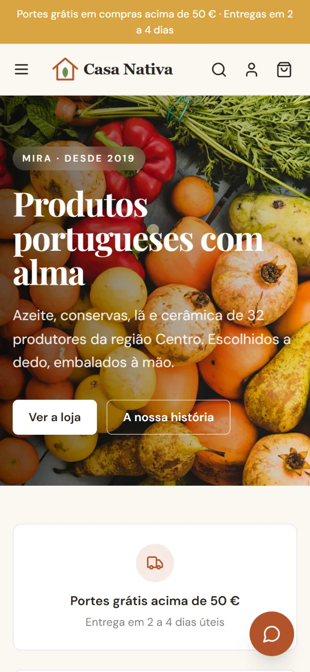 Página inicial da loja Casa Nativa no telemóvel