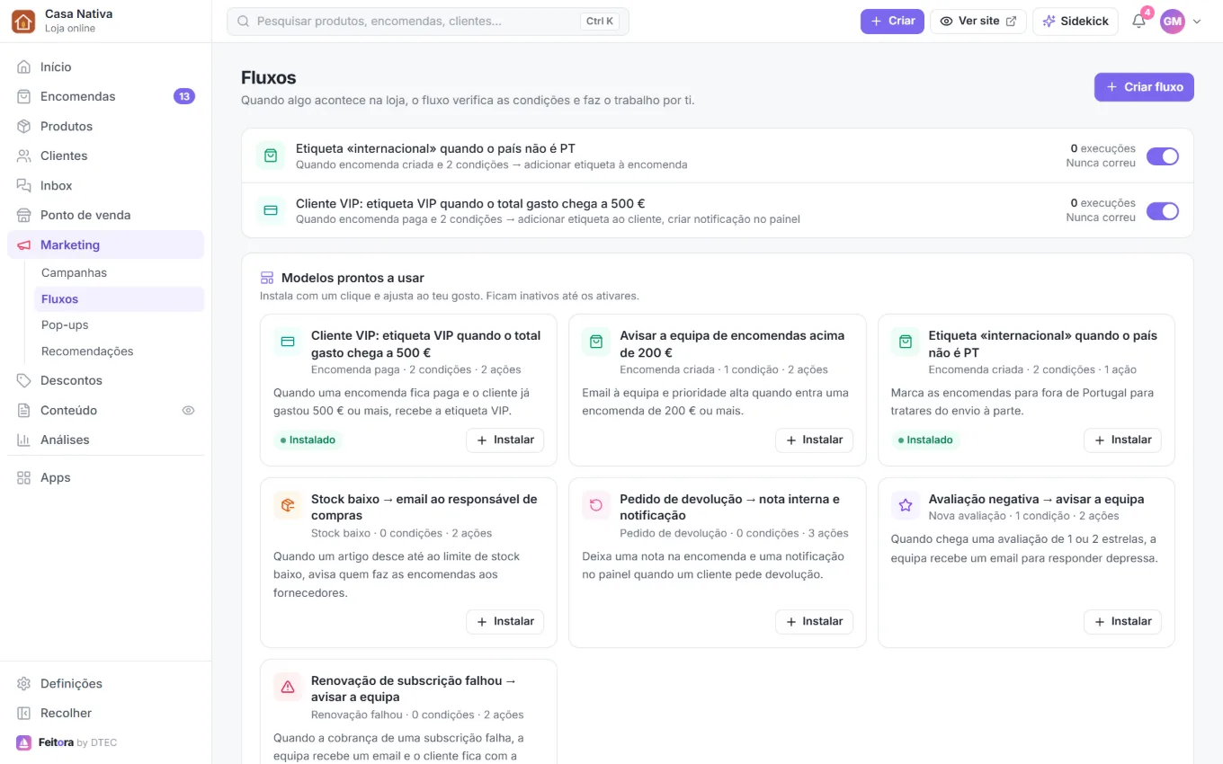 Fluxos de automação de marketing no painel da Feitora