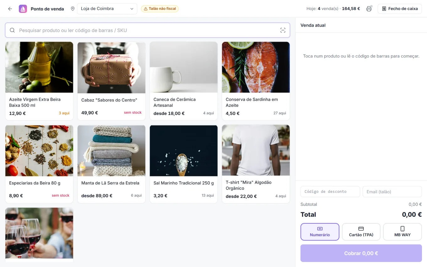 Ecrã do ponto de venda da Feitora com produtos e cobrança por numerário, cartão ou MB WAY
